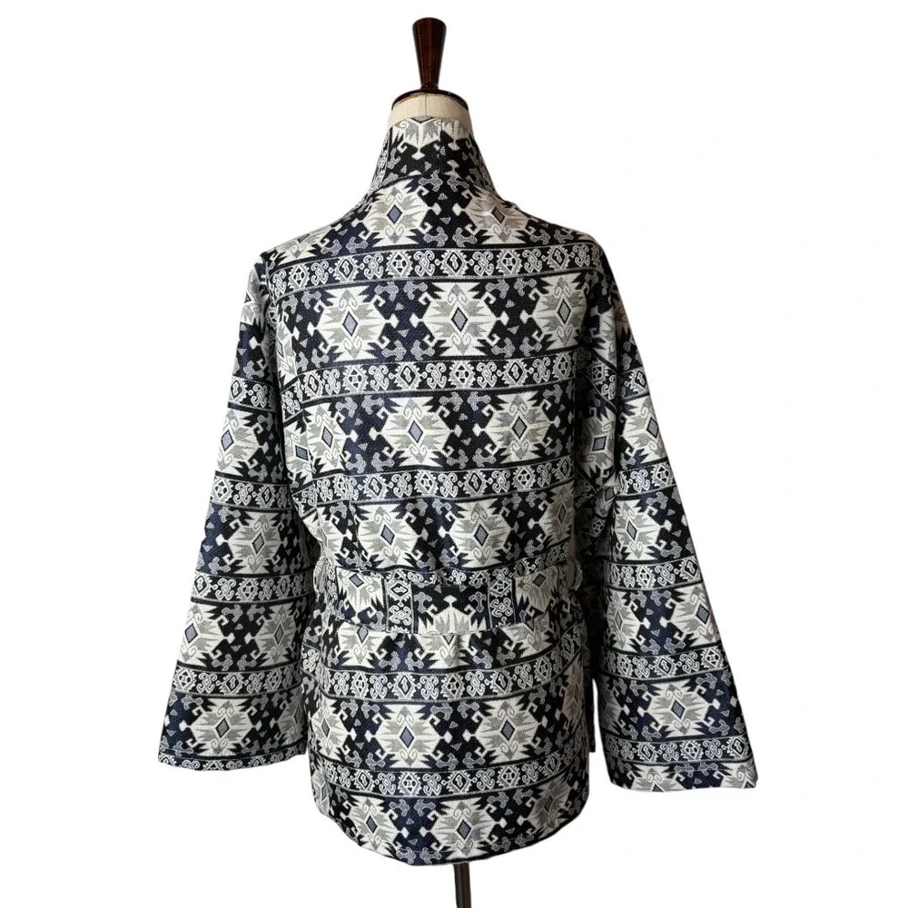 Free For Humanity Coat Women Medium Blue Tribal Jacquard Kimono‎ Trench Outdoor